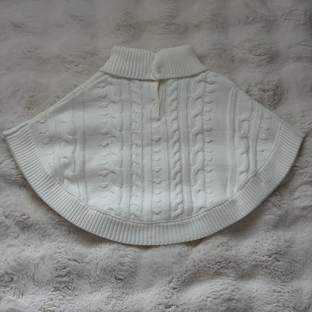 Janie and Jack Ivory Cable-Knit Turtleneck Poncho Cape with Button Accents - Picture 9 of 16